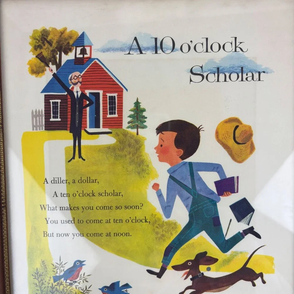 Vintage 50s Framed Art A 10 O'Clock Scholar Dale Maxey Mother Goose Lithograph - Picture 5 of 7